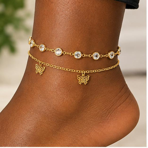 Golden Solstice | Layered Crystal Solitaire & Butterfly Anklet Set