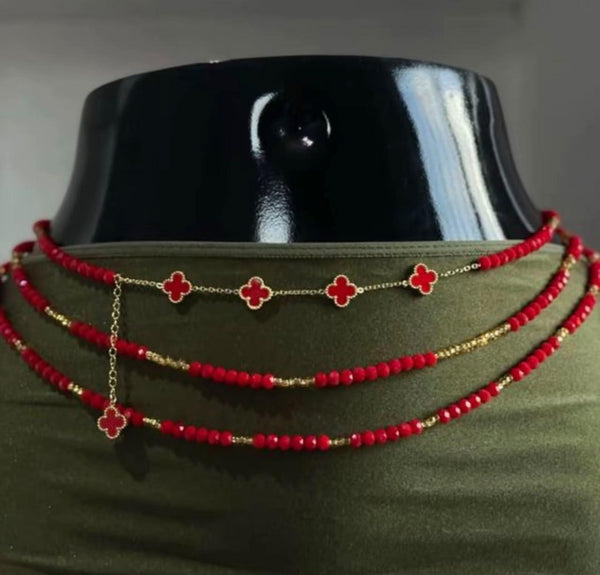 Crimson Empress | Layered Red Crystal & Clover Charm Choker Set